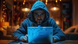 Fototapeta Konie - A hacker in hoodie hacks computer and smartphone in dark room. Criminal uses malware on mobile phone to hack devices. Hacker uses laptop in room with neon lights.