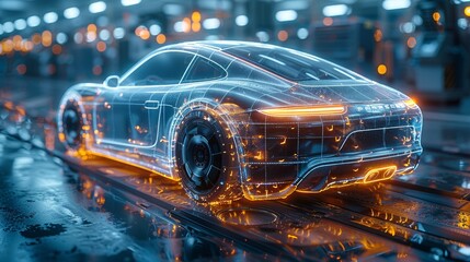 Poster - In the automotive industry, a robot assembles cars. An automated 3D robotic arm sets wheels and windscreens.