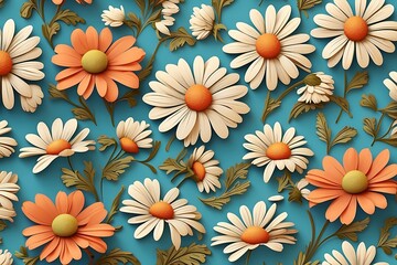 Wall Mural - Abstract Seamless floral pattern background with chamomile flowers on blue background