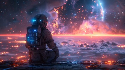 Aufkleber - Sci-fi illustration of an astronaut in a futuristic spacesuit on the runway of a space station, watching the stars from his futuristic spaceship.