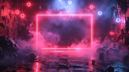 Aufkleber - The neon rectangle glows in dark cyberspace with hanging 3D spheres. An abstract tech square border or frame is the background for the object which is composed of neon lamps in reds and blues.