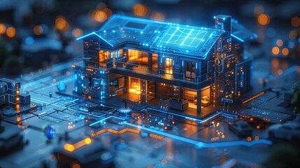 Aufkleber - Building house Internet of things system. Controlling domestic devices by remote control. This is a 3D blueprint plan of a smart home with icons for IOT devices.
