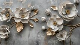 Fototapeta  - Volumetric floral arrangements on an old concrete wall with gold elements.