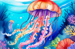 Colourful beautiful Jellyfish in ocean, underwater nature, coral reef, watercolour painting, postcard