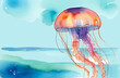 Colourful beautiful Jellyfish in ocean, watercolour painting, space for text, postcard