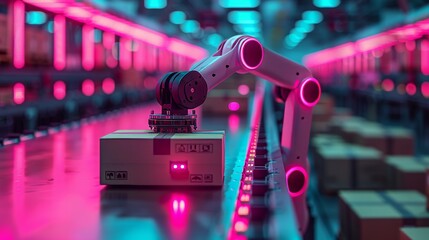 Poster - In a smart warehouse, a robot arm places boxes onto pallets. There is automation logistics on smart stock storage. In an industry factory, there is an industry robot with artificial intelligence. The