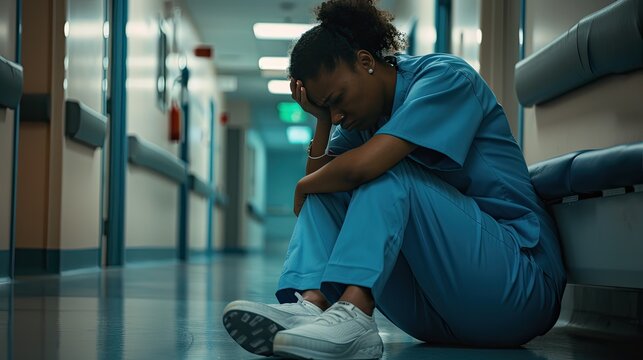 Woman nurse or female doctor sitting in hospital on the floor, black girl tired and sad, depression and emotional burnout concept, AI generated