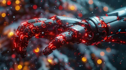 Poster - The New Year is here. Background created in modern technology style. Christmas decoration in cyborg arm. Robot hand decoration on a Christmas tree. AI or artificial intelligence greets the new year.