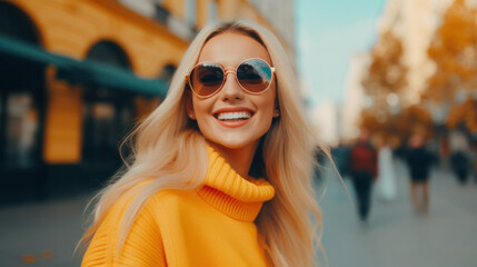 Wall Mural - Close up portrait of smiling woman in the stylist yellow sweater and sunglasses enjoying sunny day. College girl walking over the city.