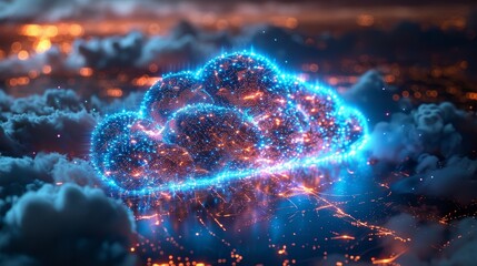 Aufkleber - The concept of cloud computing. Remote data storage. Communication with the company's network through the cloud. Cloud services. Downloading and uploading data on the Internet. Smart city technology.