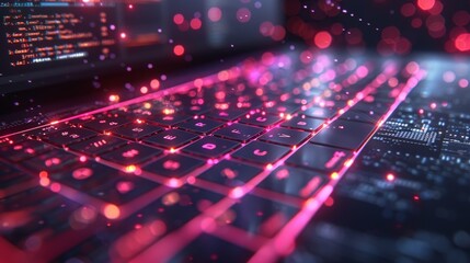 Poster - Programming, web design and coding concept. Laptop screen with software code, data, interface elements. Technology concept for software development.