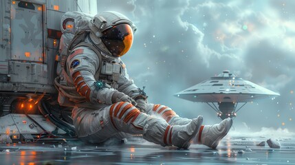 Aufkleber - A cosmonaut sits on a futuristic spaceship at a spaceport and watches the stars. Science fiction illustration of an astronaut in a futuristic spacesuit on a runway of a space station.