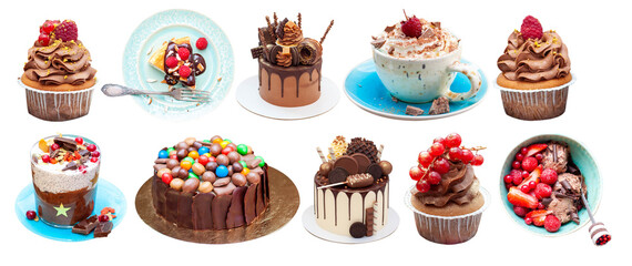 Wall Mural - Chocolate desserts collage. Cakes, cupcakes, cookies, ice cream, meringues, donuts isolated on white background, png, copy space