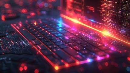 Poster - Programming, software development, computer technology isometric concept. Coding of program, software development on screen laptop. Designing and programming internet websites, web apps, coding apps.