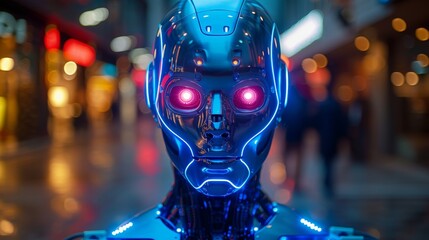 Leinwandbilder - Bipedal robotic humanoid robot. Powered by artificial intelligence and a glass mask. Anthropomorphic humanoid robot.