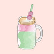 A mason jar filled with a smoothie, topped with a raspberry and a straw sticking out of it. The background is plain and simple