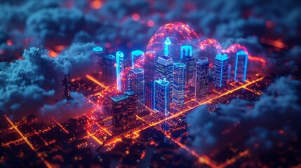 Aufkleber - Modern future skyscrapers communicating via cloud storage. Digital cloud hanging over smart city on touchscreen smartphone. IOT. Internet of Things.