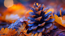 Closeup Of An Indigo Pine Cone Nestled In Autumn Leaves, With Orange And Blue Hues, Against A Blurred Background Of Forest At Dusk