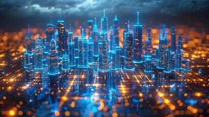 Fototapete - Graphite silhouette of skyscrapers on a laptop, tablet, or mobile phone. Smart city. Cloud computing technology. IOT digital 5G internet communication.