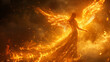Drawing of ethereal angelic being with energy forming a neon fire golden glow. Illustration of a women in the form of an angel on fire. Female angle with fire flaming.  Ai generated
