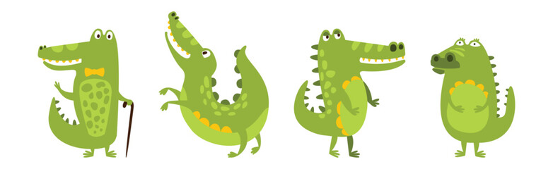  Funny Green Crocodile Character In Different Pose Vector Set
