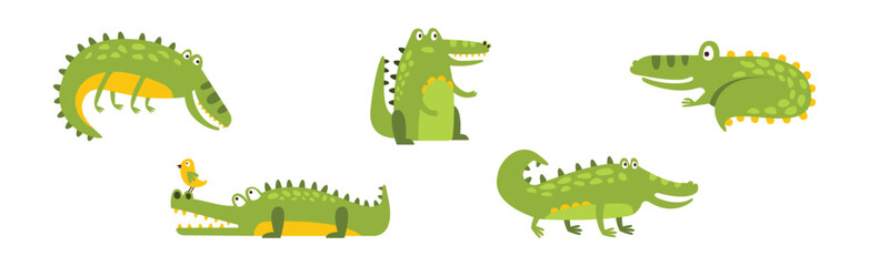 Wall Mural - Funny Green Crocodile Character In Different Pose Vector Set