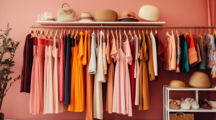 Canvas Print - Display of Stylish Women's Fashion Items on Racks in a Colorful Boutique Shop 