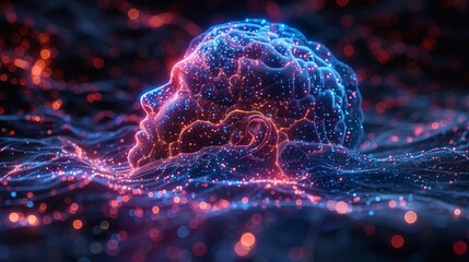 Leinwandbilder - AI or artificial intelligence analyzing social network data. Implementation of digital analytics of big data in the internet. Implementation of cloud computing, machine learning to process data.