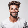portrait of a handsome smiling man wearing a white t-shirt with an isolated white background. 