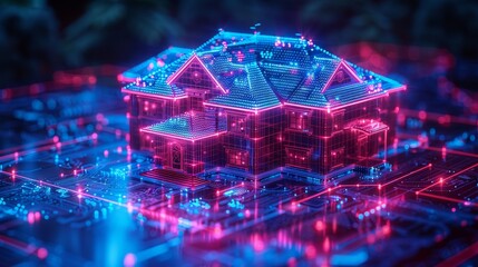 Fototapete - Building construction, communication, electricity. Design in programs of smart building. AI of IOT. Architectural 3D plans.