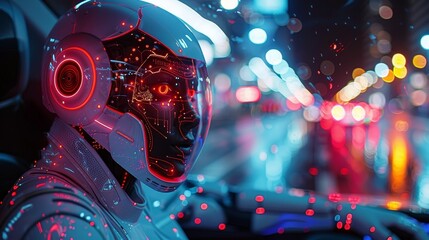 Aufkleber - Imaginary cyborg driver of autonomous car. Concept of Artificial Intelligence in transportation technology. Autopilot of self-driving systems. 3D rendering.