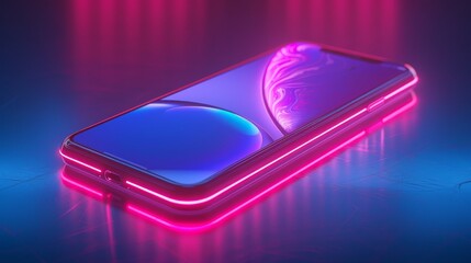Poster - A phone with an empty screen rests on a table or surface in reflection. A smartphone rests on a desktop. Realistic 3D Isometric illustration of a phone with neon shapes on a neon background. Mock up