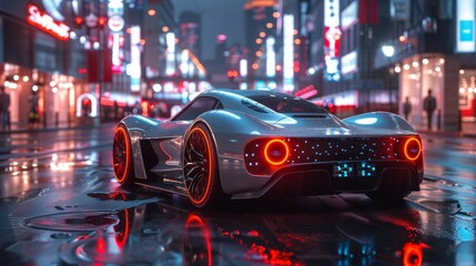 Poster - Silver car stands against futuristic city background. Sci-fi concept of autonomous smart car. Electric vehicle or transport. Conceptual cyber car in the style of a cyberpunk story.