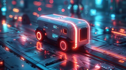 Aufkleber - A robot delivers a cardboard box. It is an autonomous vehicle that ships a purchase to a specified location on a phone map. It is an online video delivery service. Isometric delivery robot.