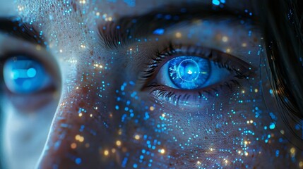 Poster - A robot or cyborg looking at a virtual HUD interface. Machine learning concept. Modern tech frame for text and pictures. 3D rendering.