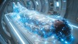 An extraterrestrial humanoid astronaut is hibernating locked in a cryogenic chamber, an alien in a cryogenic capsule is in a science laboratory filled with liquid, and a pilot of a UFO is in the lab.