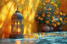 A Golden Lantern With Yellow Flowers On The Table, Surrounded By Water And Light Blue Shadows. Created With Ai
