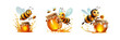 Set of happy bee flying with a brimful jar of delicious honey, illustration, isolated over on transparent white background