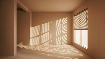Modern room bathed in natural sunlight through venetian blinds in morning.