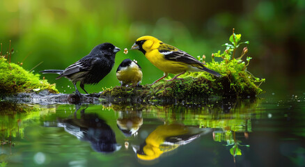 Wall Mural - two birds eating moss on water, a yellow finch and an upper view of the black-crowned magpie with its reflection in still lake water, mossy bank background