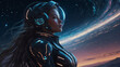 A nocturnal scifi wormhole navigator, her sleek cybernetic suit gleaming under the starry sky, her glowing visor reflecting the endless expanse of space.