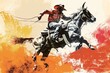 Rodeo exhibition, demonstrating skills like bronc riding, barrel racing, and bull riding , illustration