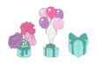 A bouquet of colorful flowers and balloons arranged in a vase with a gift box. The flowers are in full bloom, complemented by the vibrant balloons adding a festive touch to the arrangement
