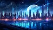 Futuristic city with neon lights and moon. 3d rendering