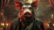 The Porcine Syndicate, a heavyweight player in the agricultural sector, led by a boar, with a dark and commanding mafia presence , hyper realistic