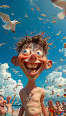 Wall Mural - Grotesque caricature of a crazy boy a summer day in the beach	
