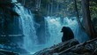 black bear siting near he waterfall. 