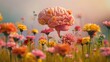 A brain as a fertile garden, where ideas bloom into flowers, illustrating the power of positive thinking and mental wellness