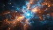 giant blue star exploding with gamma rays and pieces flying away, big explosion in the middle with light rays coming out