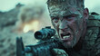 A scene of epic combat: a NATO soldier, surrounded by the chaos of battle, expresses agony and determination, drops of blood and sweat reflect his despair and perseverance.
